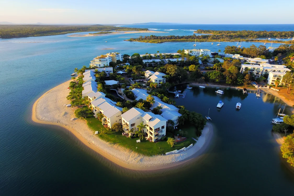 Aerial view of Noosa Sound waterfront homes and apartments