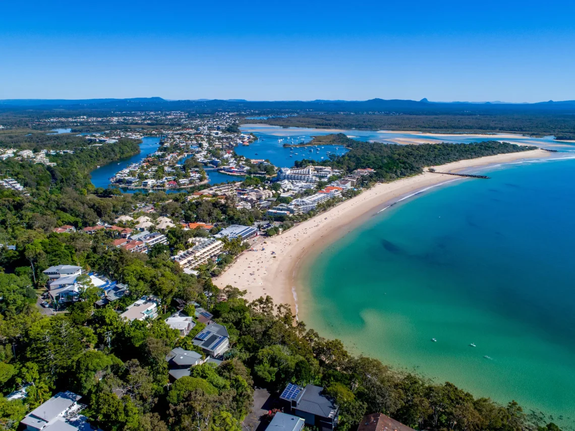 Aerial view of Noosa Heads beach and Noosa River mouth
